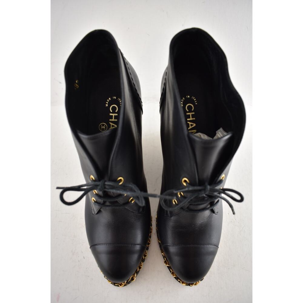 Chanel Black Leather Gold Chain Around CC Logo Lace Up Tie Ankle Wedge Boot 38.5 - Picture 9 of 16